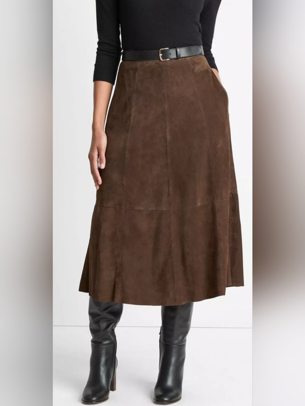 D&Co 100% Real Suede Leather Chocolate Brown A-Line Midi Skirt XL